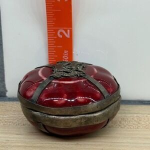 Vintage Chinese Dragon Porcelain Trinket Box Red stamped Metal Wrap 2.5in raku